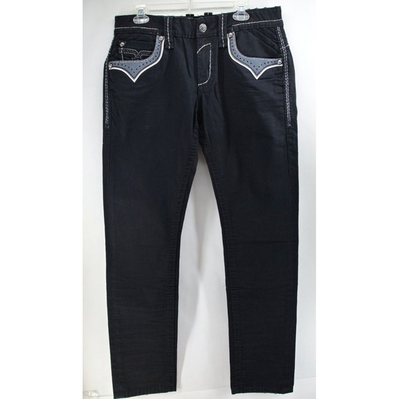 Men's‎ Rock Revival "Rancher" Straight Jeans Leather Inserts Size 32 X 34 - Picture 1 of 14